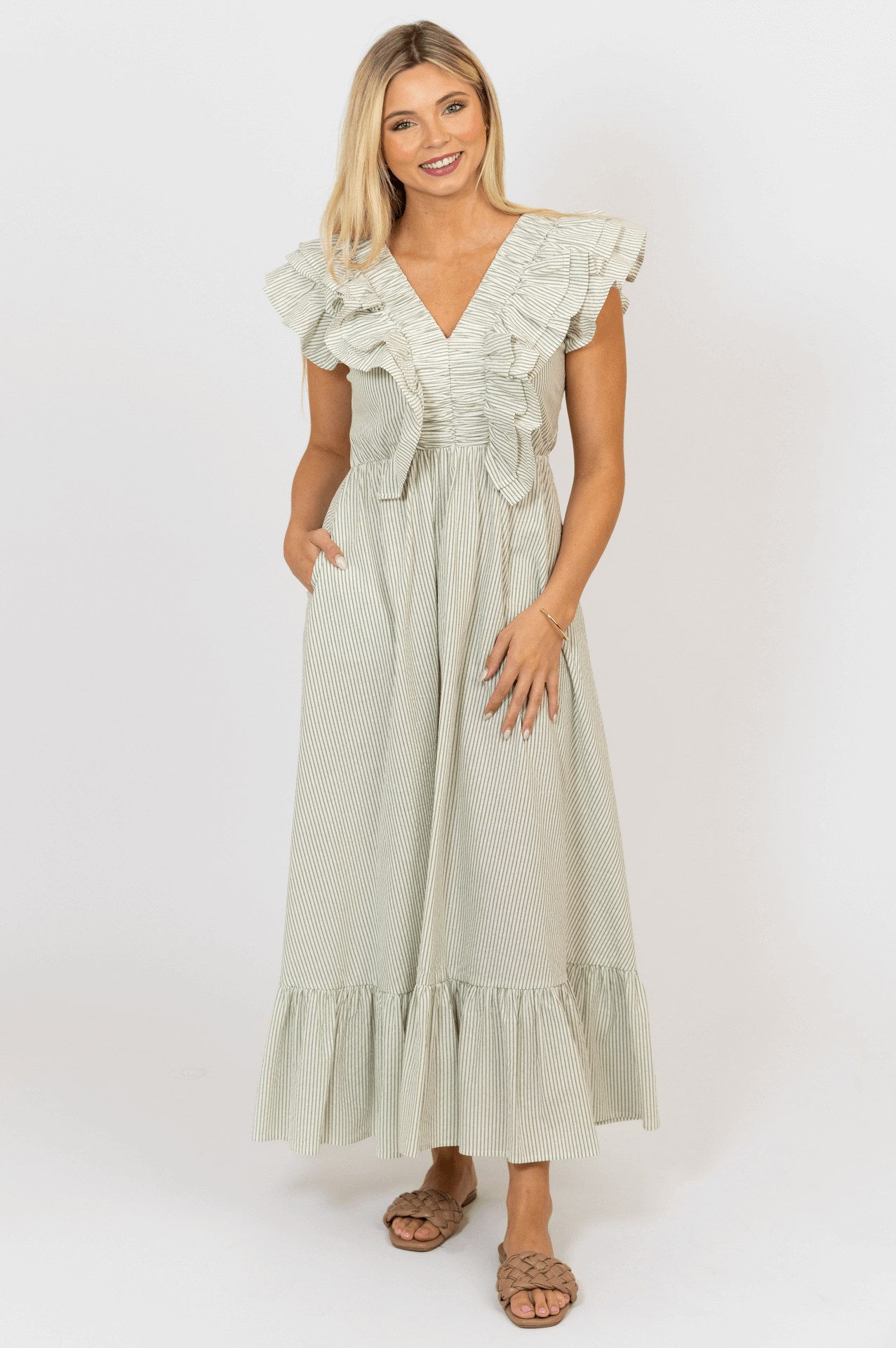 Stripe ruffle hotsell cotton maxi dress