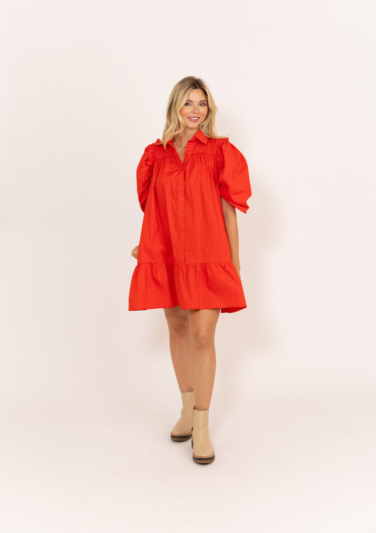 Karlie Red Button Front Long Balloon Sleeve Mini Holiday online Swing Dress Size Small