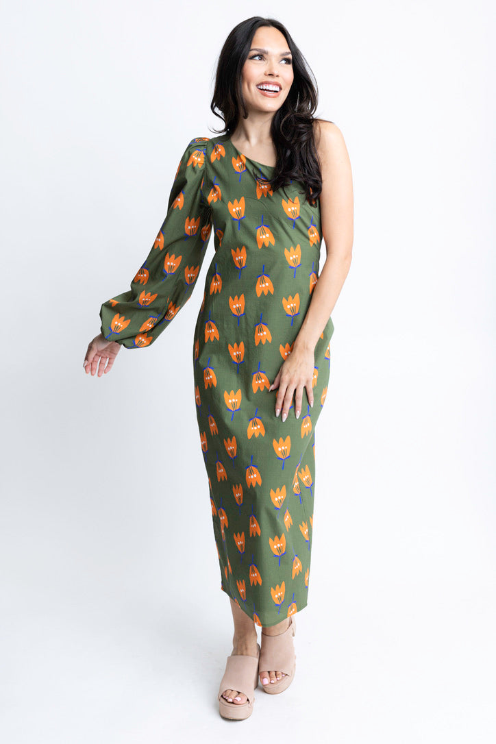 one-shoulder pineapple dress